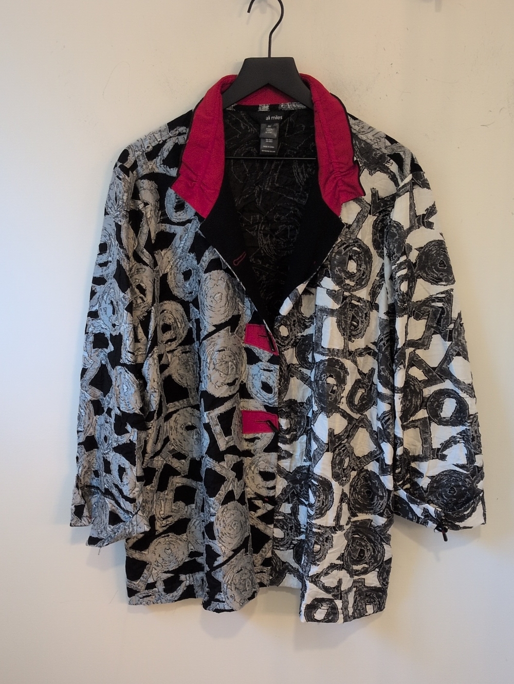 Ali Miles Women's Black White Red Artsy Art to Wear Button Up Shirt Jacket 2X